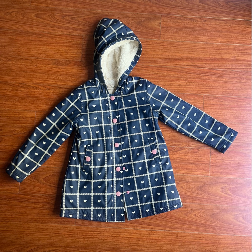 Hatley Girls Hooded Rain Jacket Checkers Pink Heart Pattern Sherpa Lined Sz 8